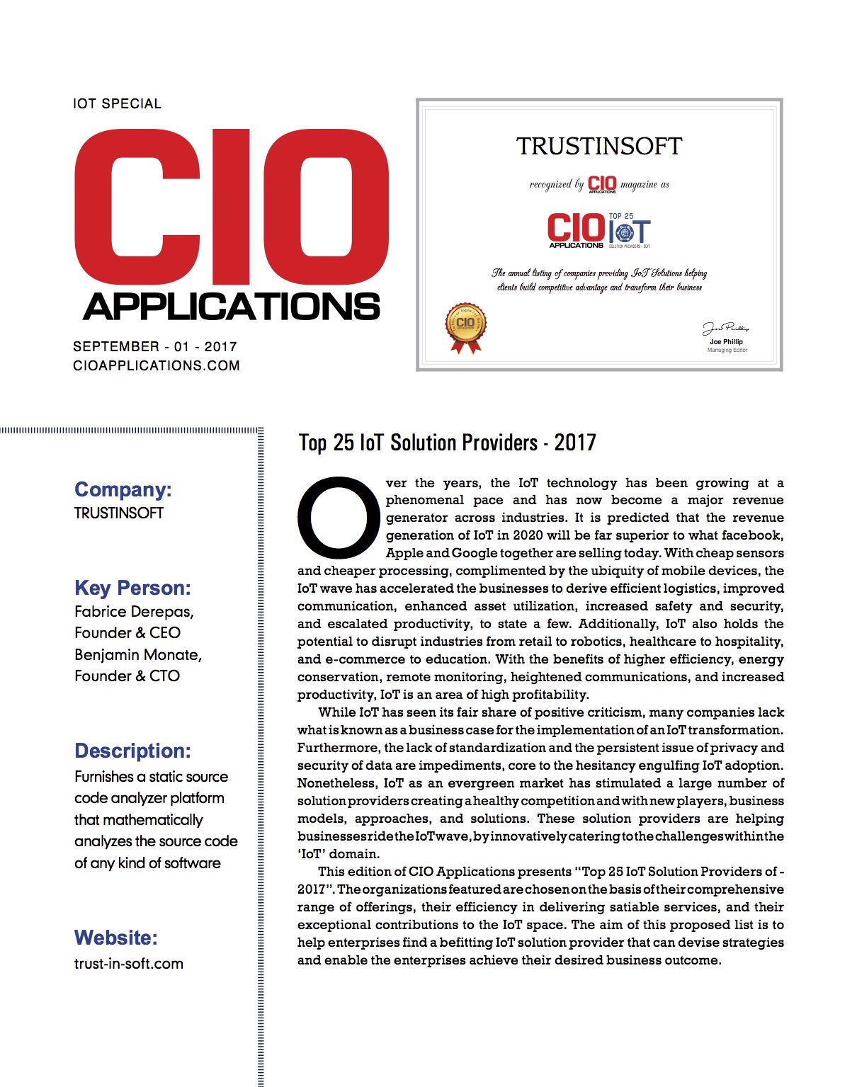 Page from the article: TrustInSoft TOP 25 solution providers 2017 CIO applications