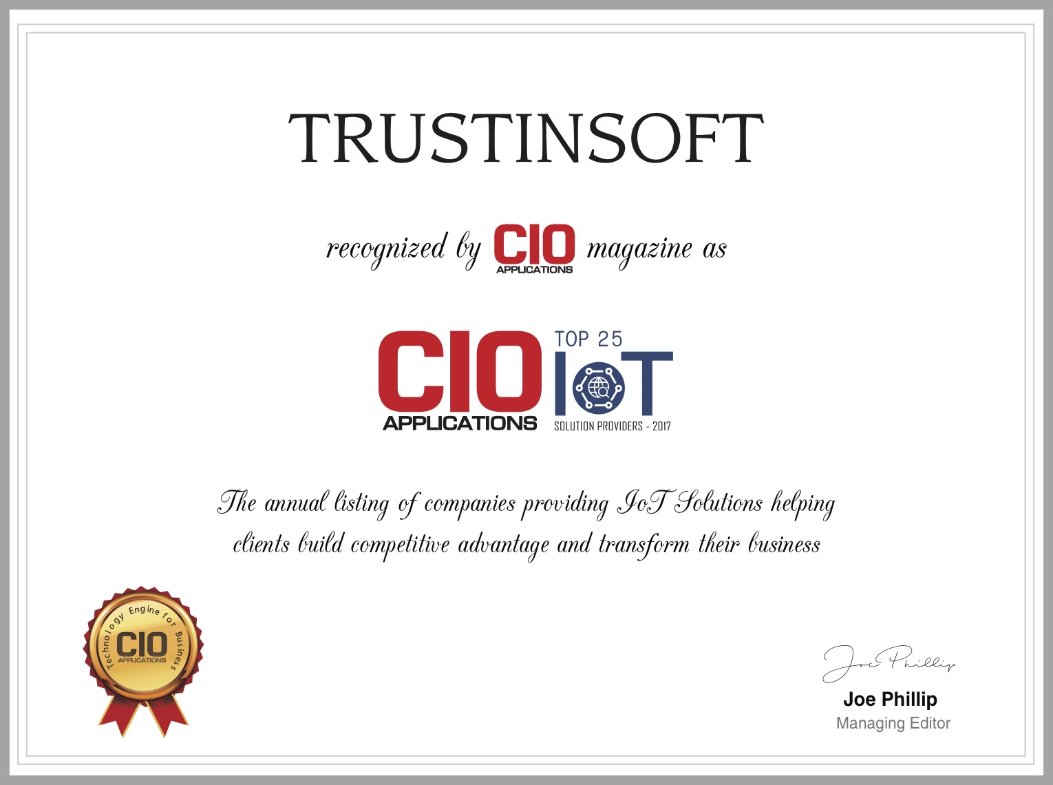 graphic: CIO applications magazine recognizes TrustinSoft as on of the Top 25 IoT solution providers,