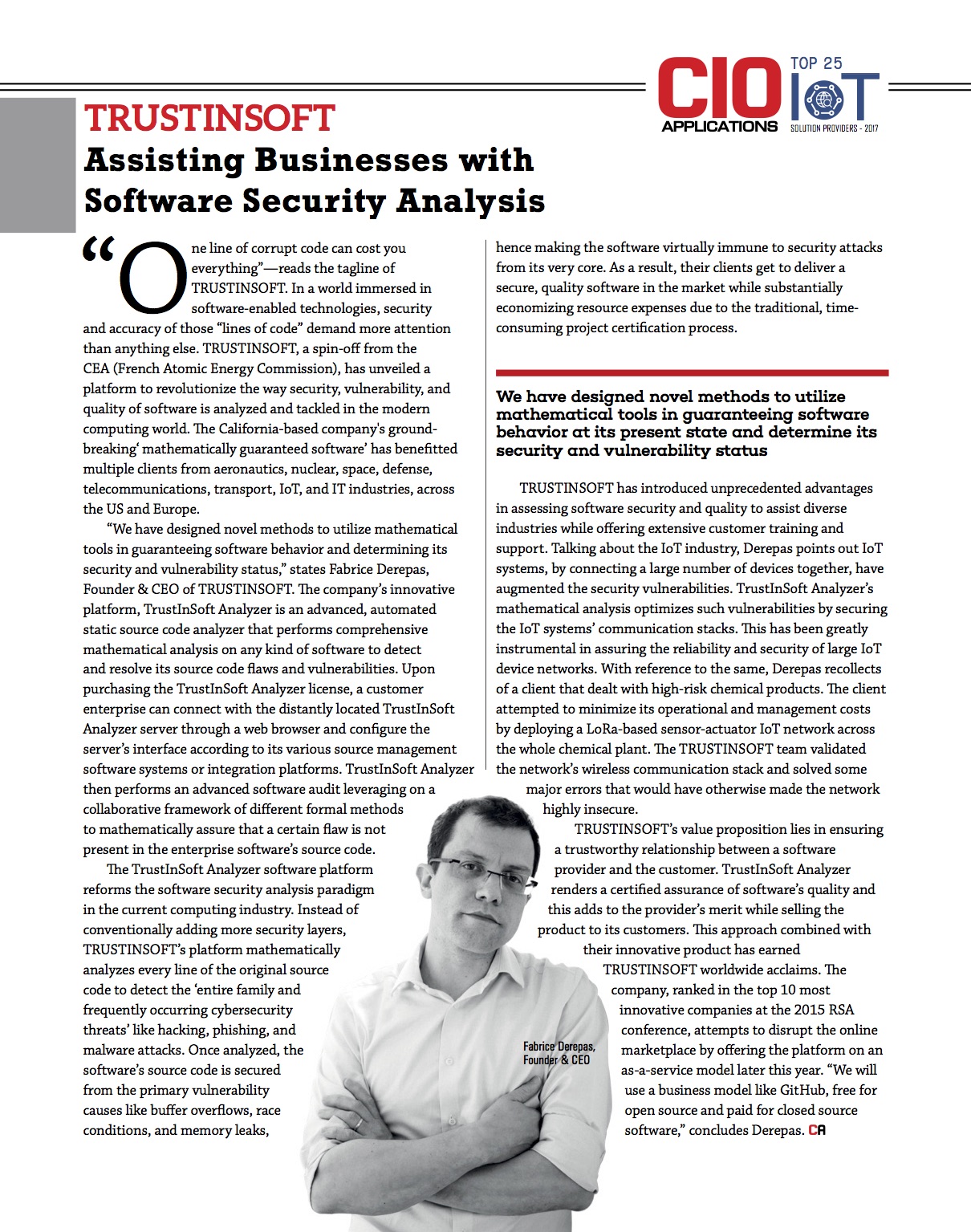 Page from an article interview with Fabrice Derepas, titled TrustInSoft assisting businesses with software security analysis