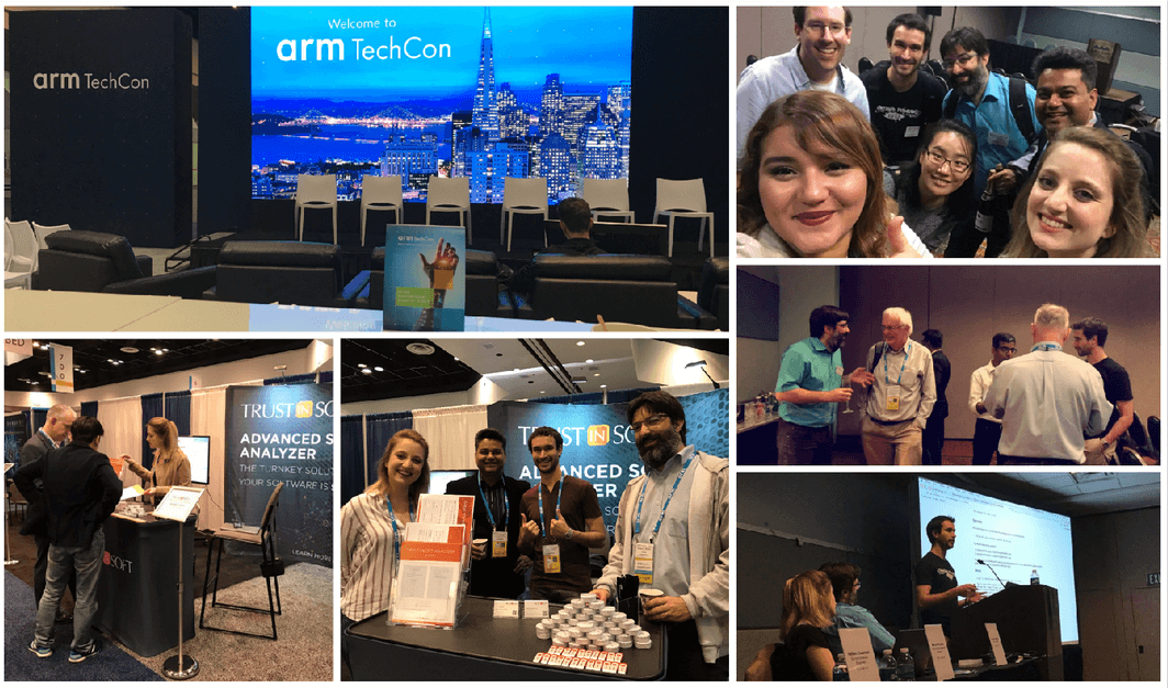 A collage of images showing TrustInSoft employees and booth at ARM TechCon 2017.
