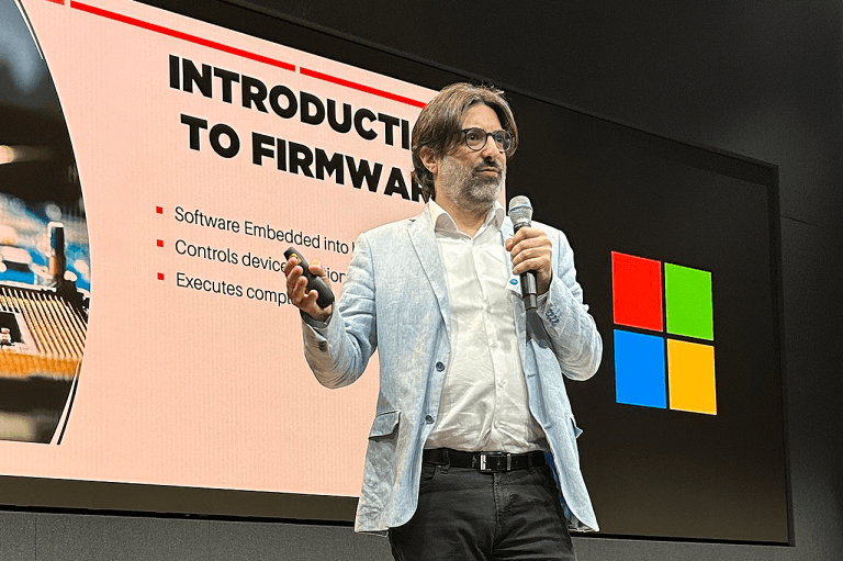 TrustInSoft CTO and Cofounder on stage at Microsoft Silicon Valley Campus presenting on the topic of Formal Methods and a mathematical proof of zero bug in code